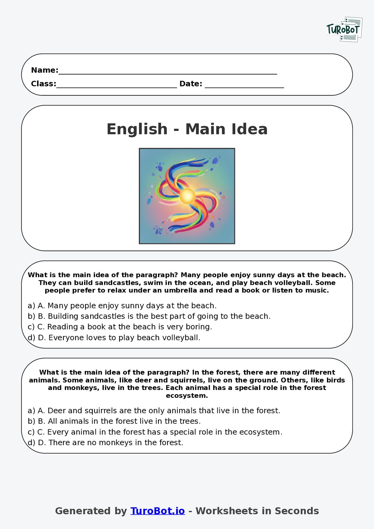 Year 5 English Multiple Choice Worksheet – Identifying Main Idea in a Paragraph