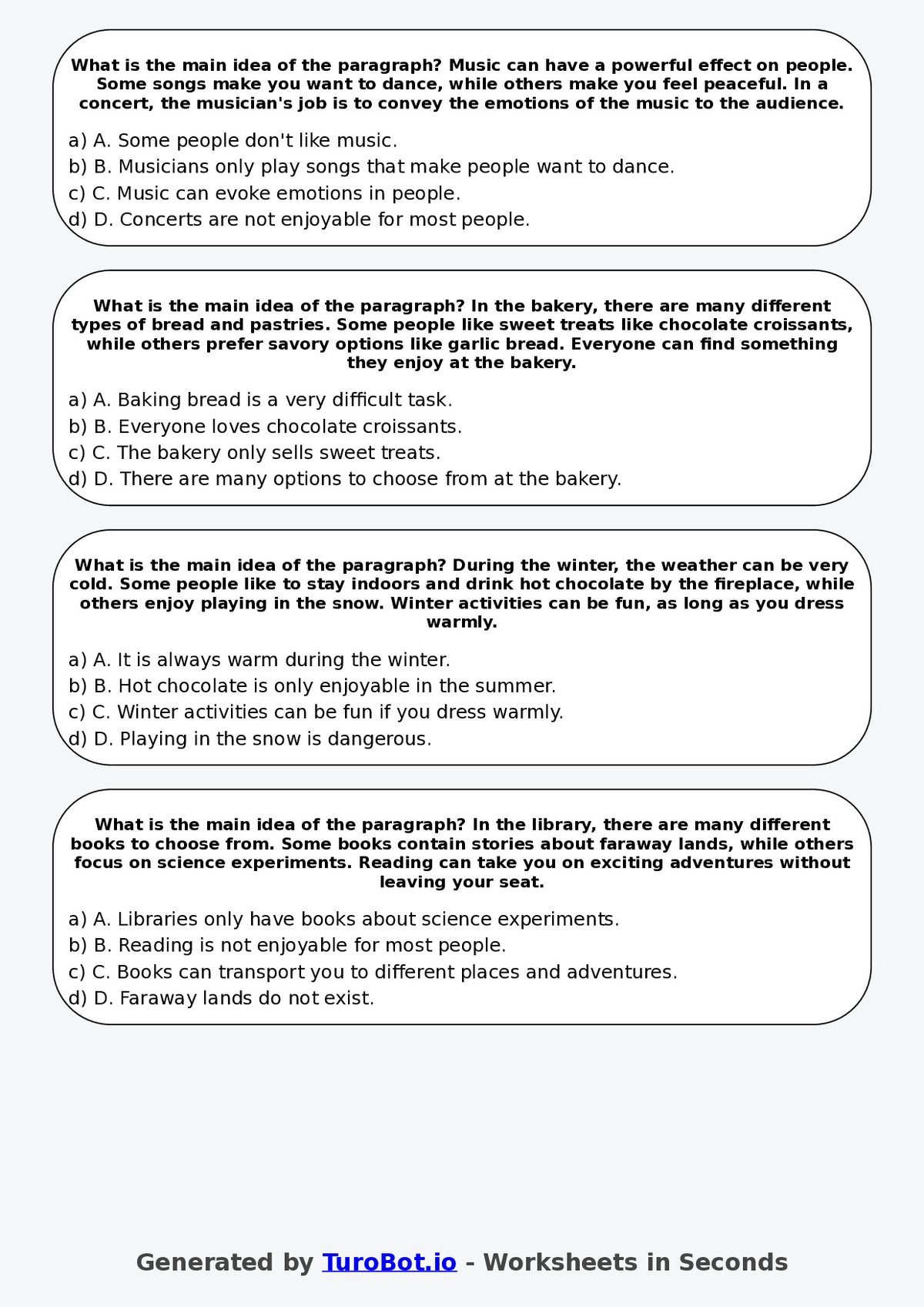 Year 5 English Multiple Choice Worksheet – Identifying Main Idea in a Paragraph