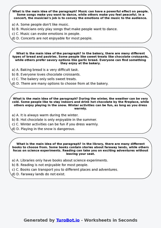 Year 5 English Multiple Choice Worksheet – Identifying Main Idea in a Paragraph