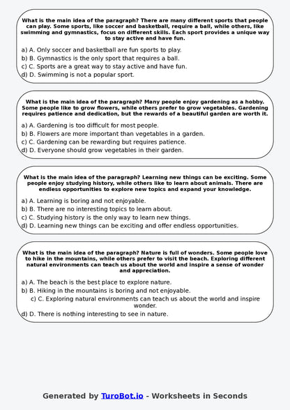 Year 5 English Multiple Choice Worksheet – Identifying Main Idea in a Paragraph