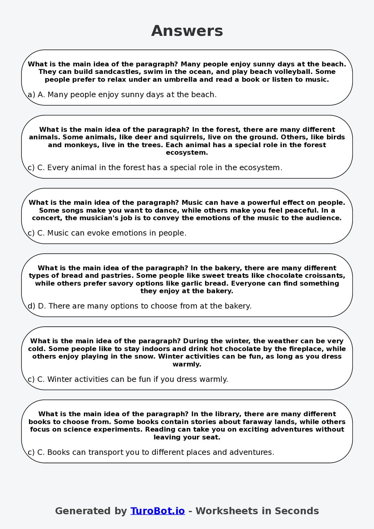 Year 5 English Multiple Choice Worksheet – Identifying Main Idea in a Paragraph