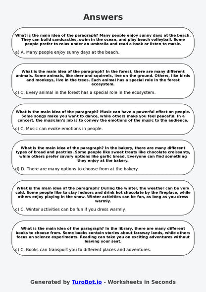 Year 5 English Multiple Choice Worksheet – Identifying Main Idea in a Paragraph
