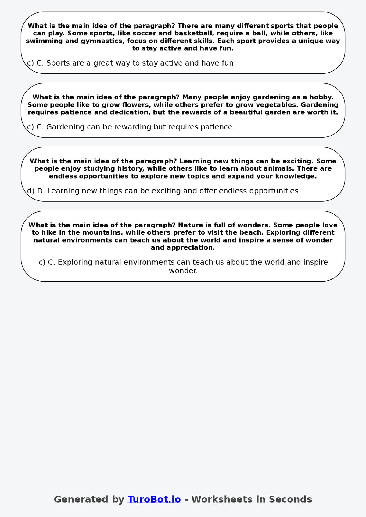 Year 5 English Multiple Choice Worksheet – Identifying Main Idea in a Paragraph
