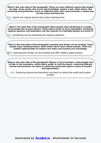 Year 5 English Multiple Choice Worksheet – Identifying Main Idea in a Paragraph