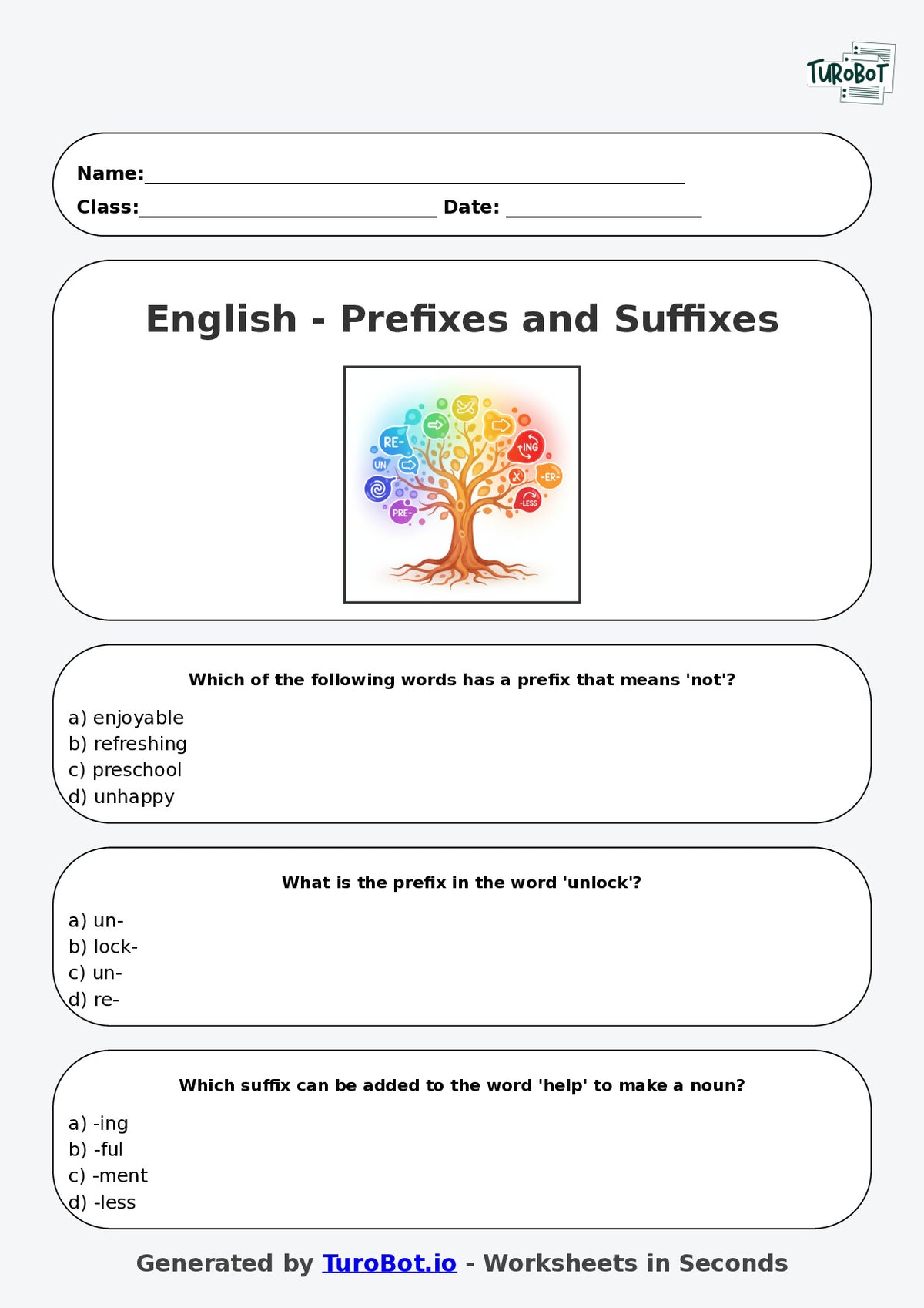 Year 5 English Multiple Choice Worksheet – Using Prefixes and Suffixes