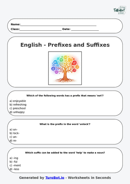Year 5 English Multiple Choice Worksheet – Using Prefixes and Suffixes
