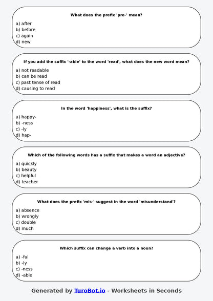Year 5 English Multiple Choice Worksheet – Using Prefixes and Suffixes