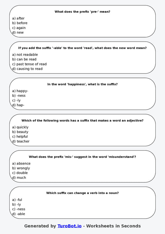 Year 5 English Multiple Choice Worksheet – Using Prefixes and Suffixes