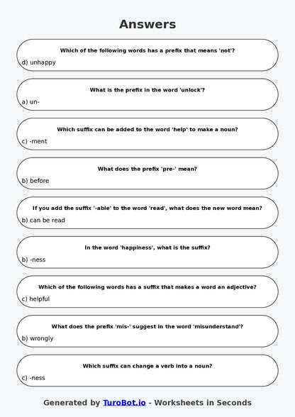 Year 5 English Multiple Choice Worksheet – Using Prefixes and Suffixes