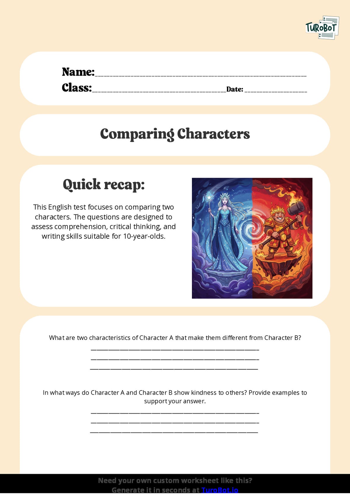 Free Worksheet - Year 5 English Comparing Two Characters Short Answer Response