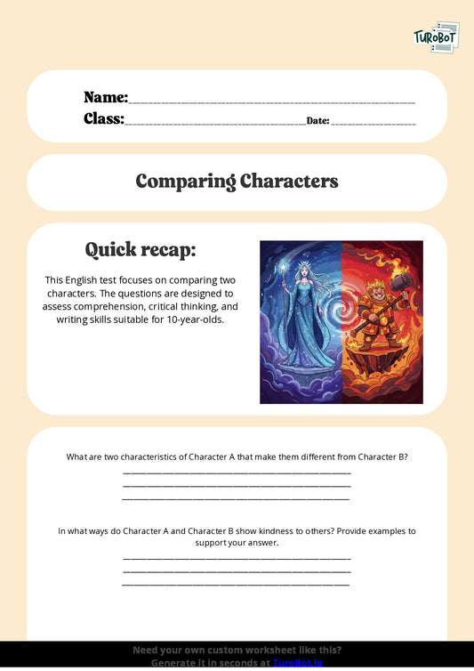 Free Worksheet - Year 5 English Comparing Two Characters Short Answer Response