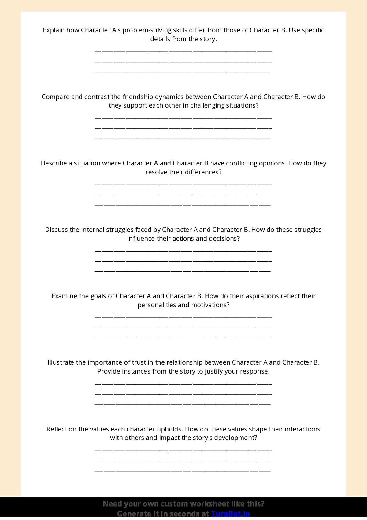 Free Worksheet - Year 5 English Comparing Two Characters Short Answer Response