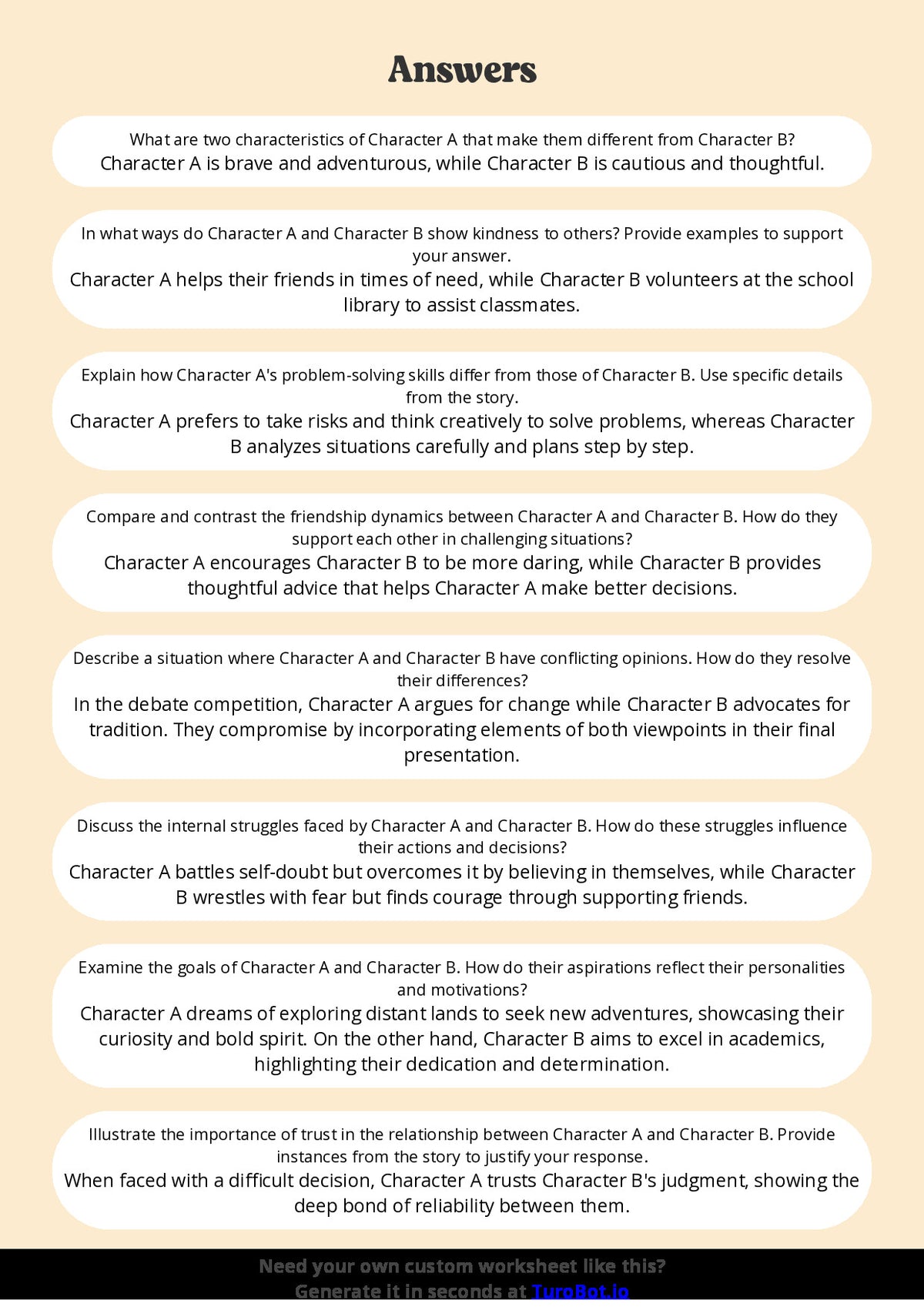 Free Worksheet - Year 5 English Comparing Two Characters Short Answer Response