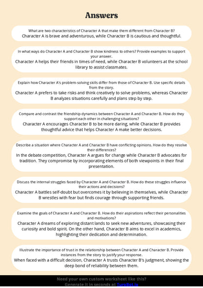 Free Worksheet - Year 5 English Comparing Two Characters Short Answer Response
