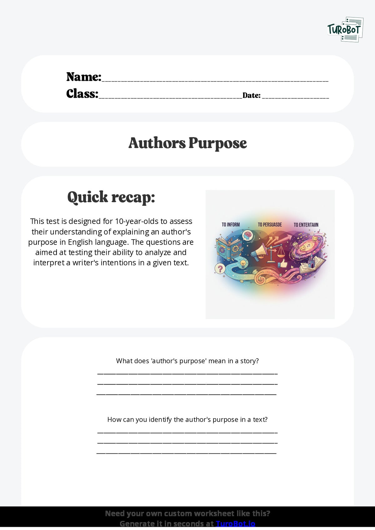 Free Worksheet - Year 5 English Explaining Authors Purpose Short Answer Response