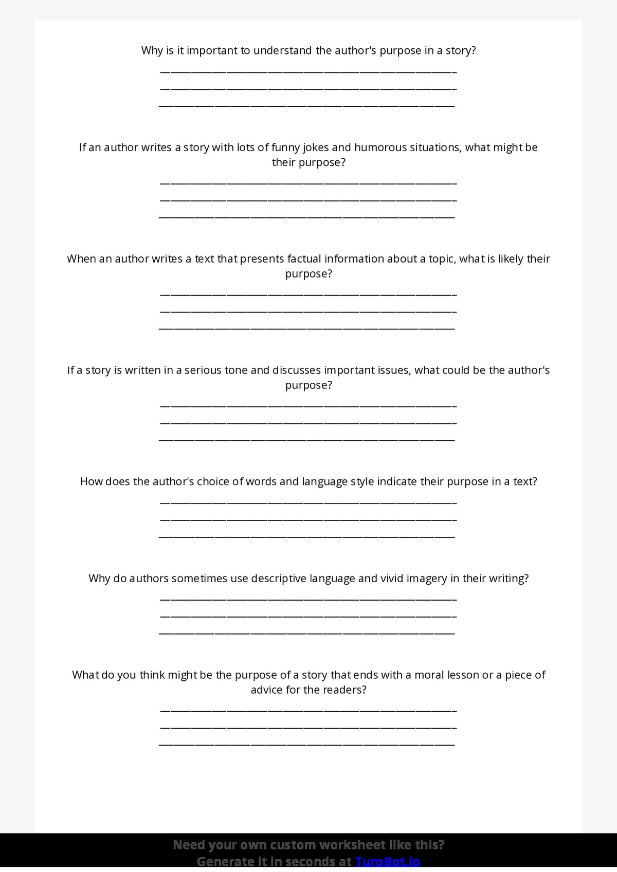 Free Worksheet - Year 5 English Explaining Authors Purpose Short Answer Response