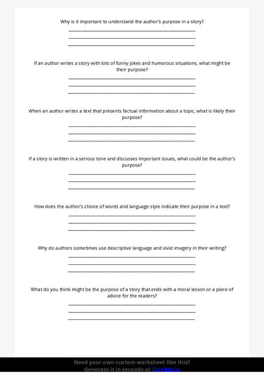 Free Worksheet - Year 5 English Explaining Authors Purpose Short Answer Response