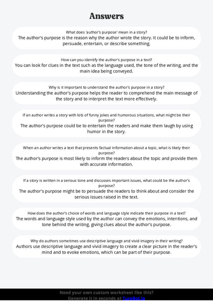 Free Worksheet - Year 5 English Explaining Authors Purpose Short Answer Response