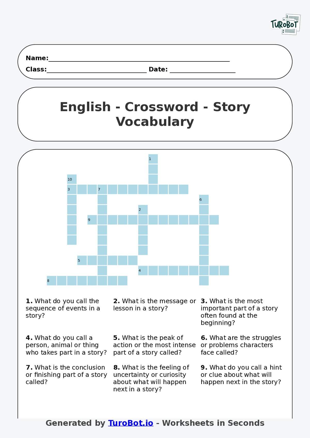 Year 6 English Crossword Worksheet – Story Vocabulary