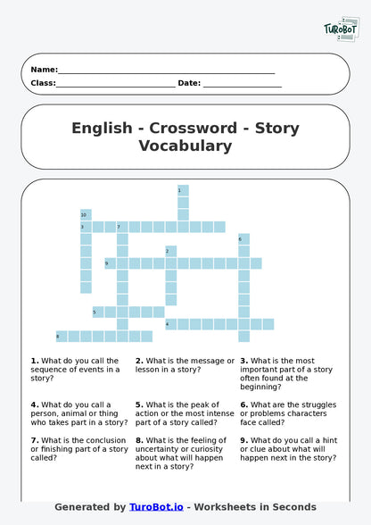 Year 6 English Crossword Worksheet – Story Vocabulary