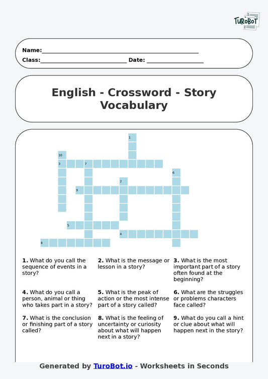 Year 6 English Crossword Worksheet – Story Vocabulary