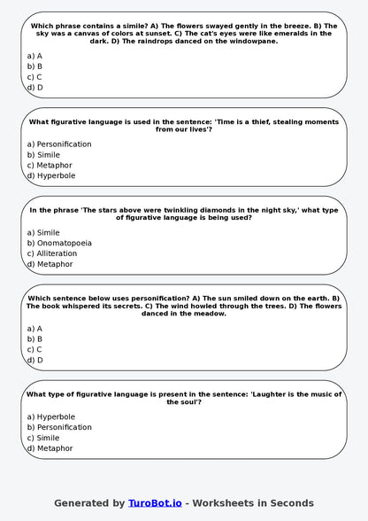 Year 6 English Multiple Choice Worksheet – Identifying Figurative Language
