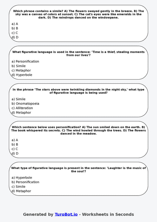 Year 6 English Multiple Choice Worksheet – Identifying Figurative Language
