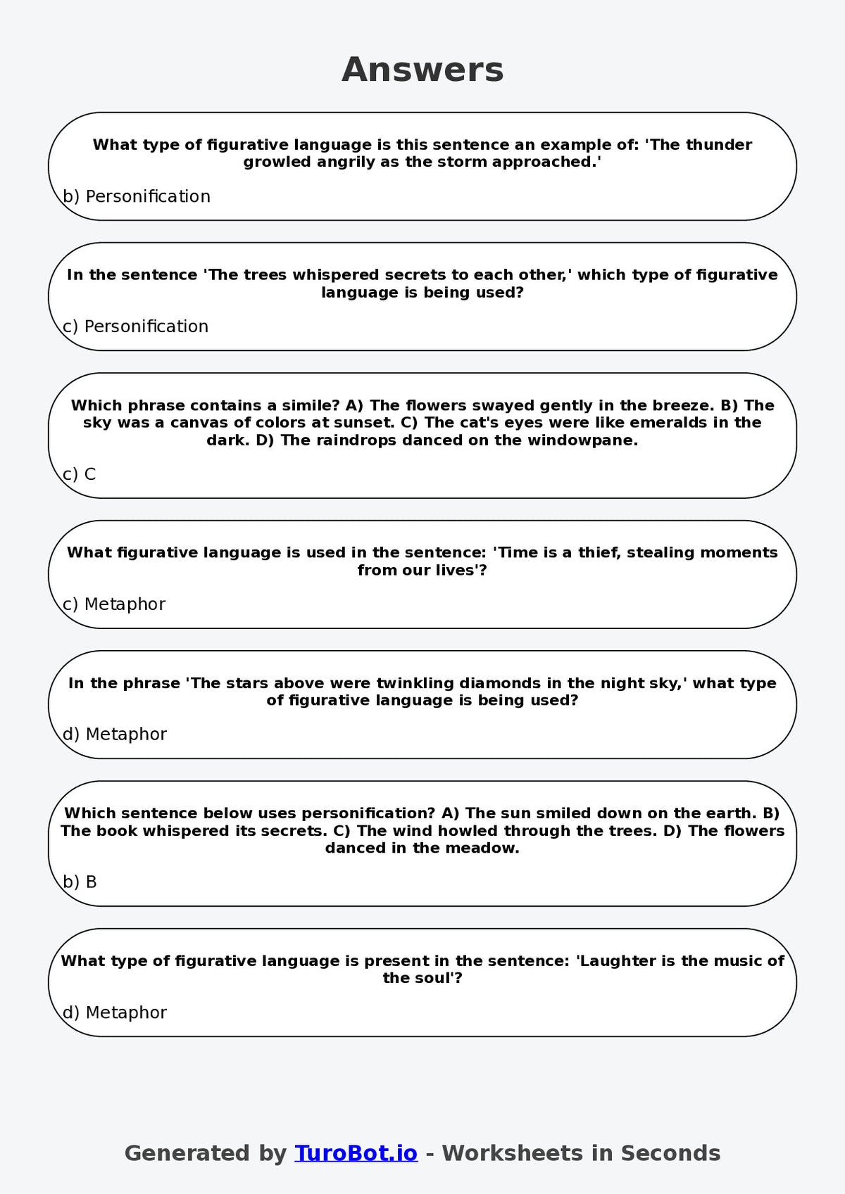 Year 6 English Multiple Choice Worksheet – Identifying Figurative Language