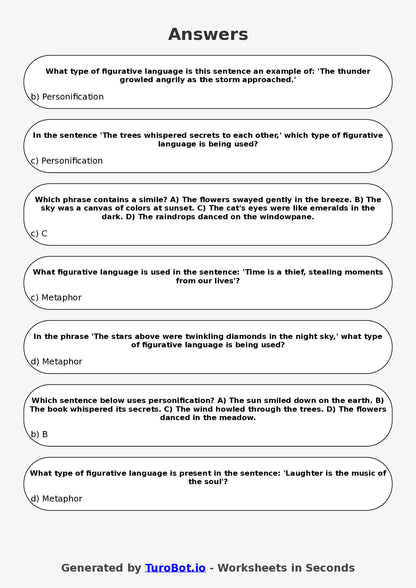 Year 6 English Multiple Choice Worksheet – Identifying Figurative Language