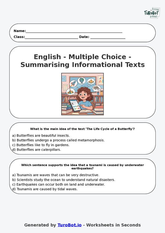 Year 6 English Multiple Choice Worksheet – Summarising Informational Texts