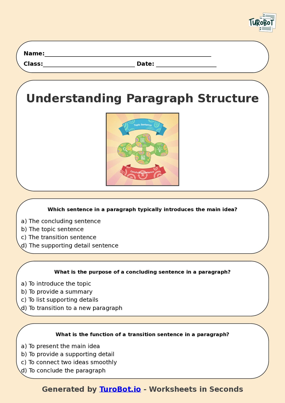 Year 6 English Multiple Choice Worksheet – Understanding Paragraph Structure