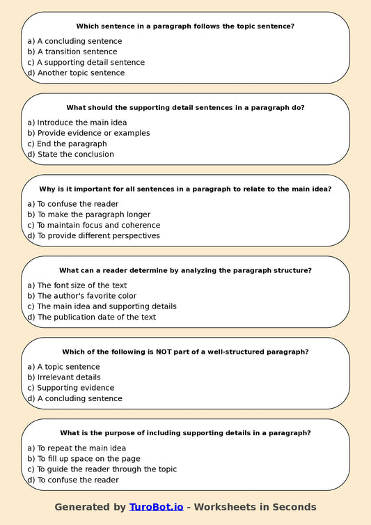 Year 6 English Multiple Choice Worksheet – Understanding Paragraph Structure