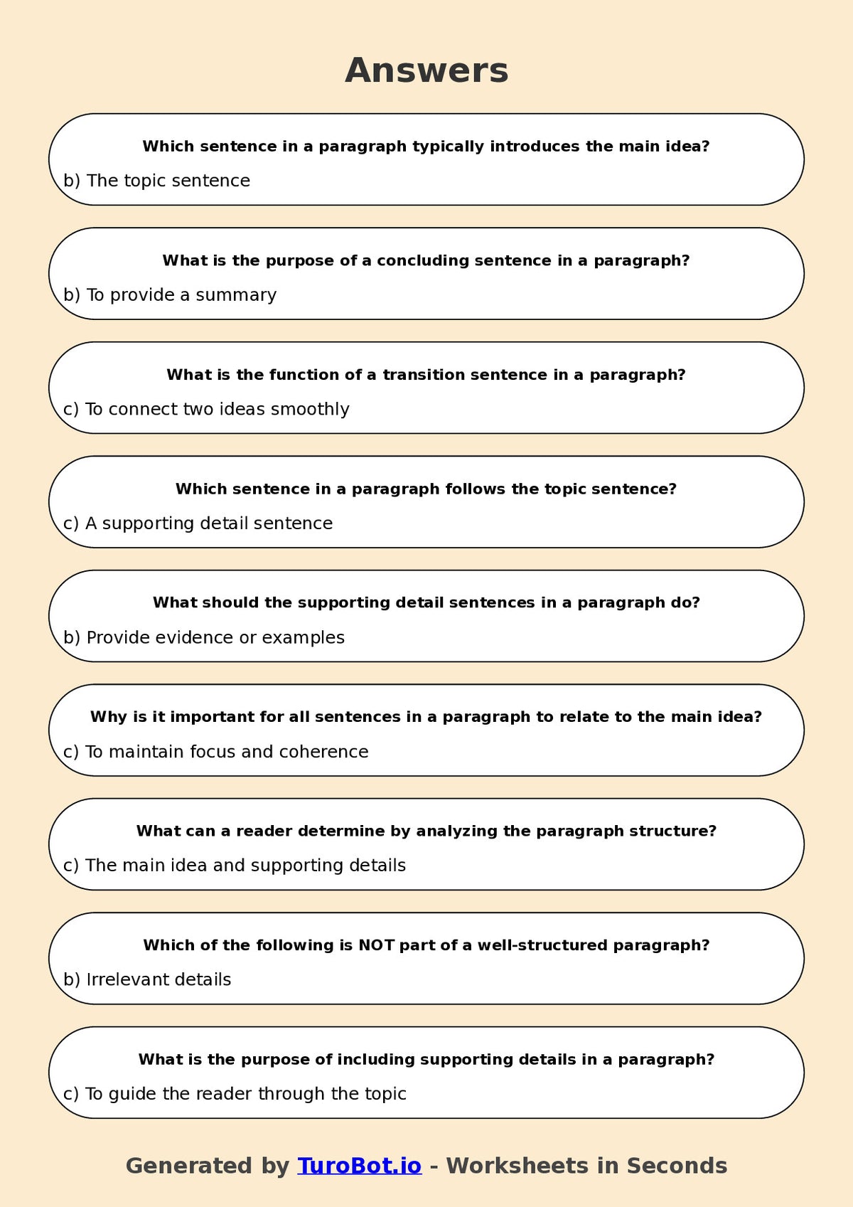 Year 6 English Multiple Choice Worksheet – Understanding Paragraph Structure