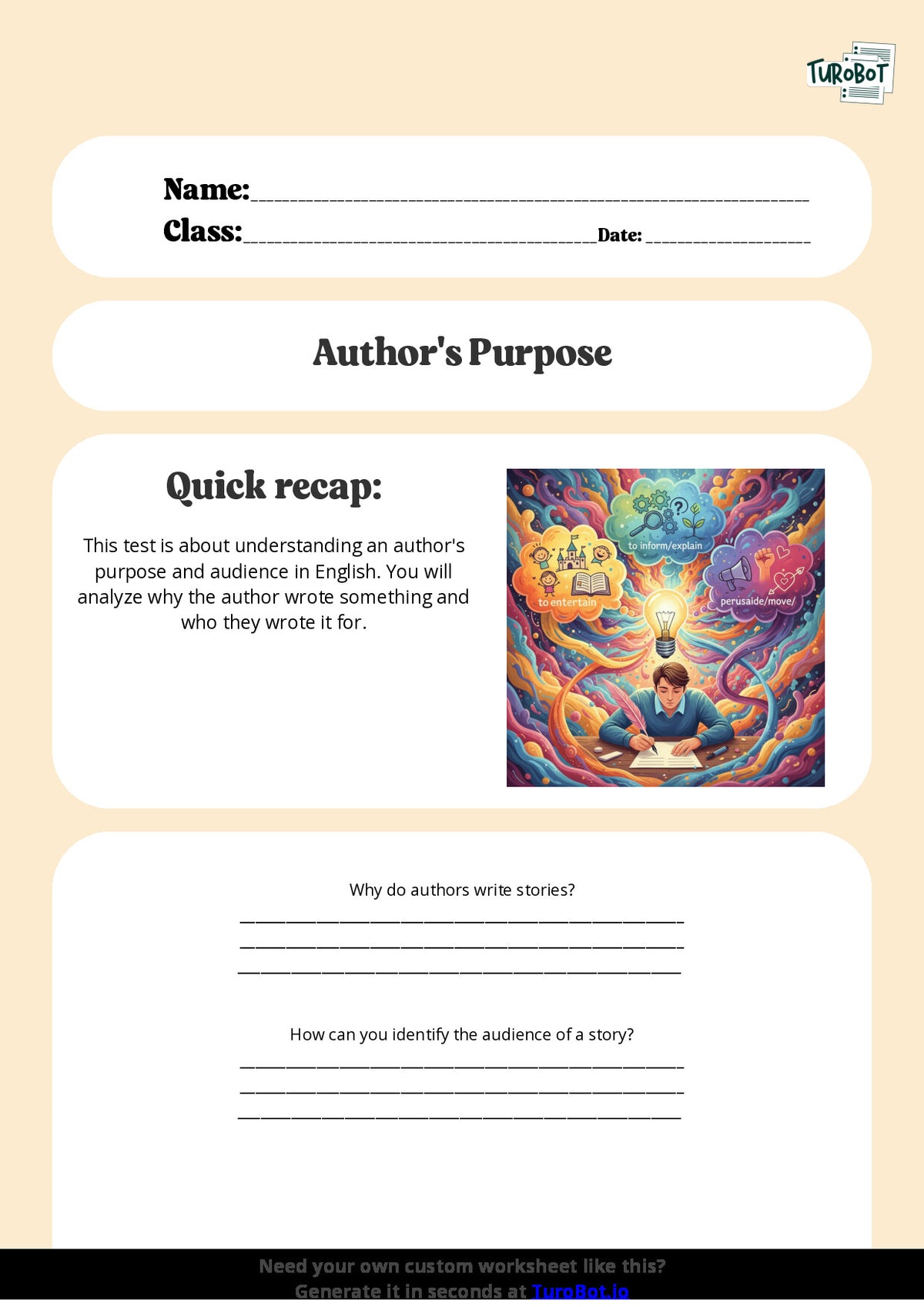 Free Worksheet - Year 6 English Analysing Author’s Purpose and Audience Short Answer Response
