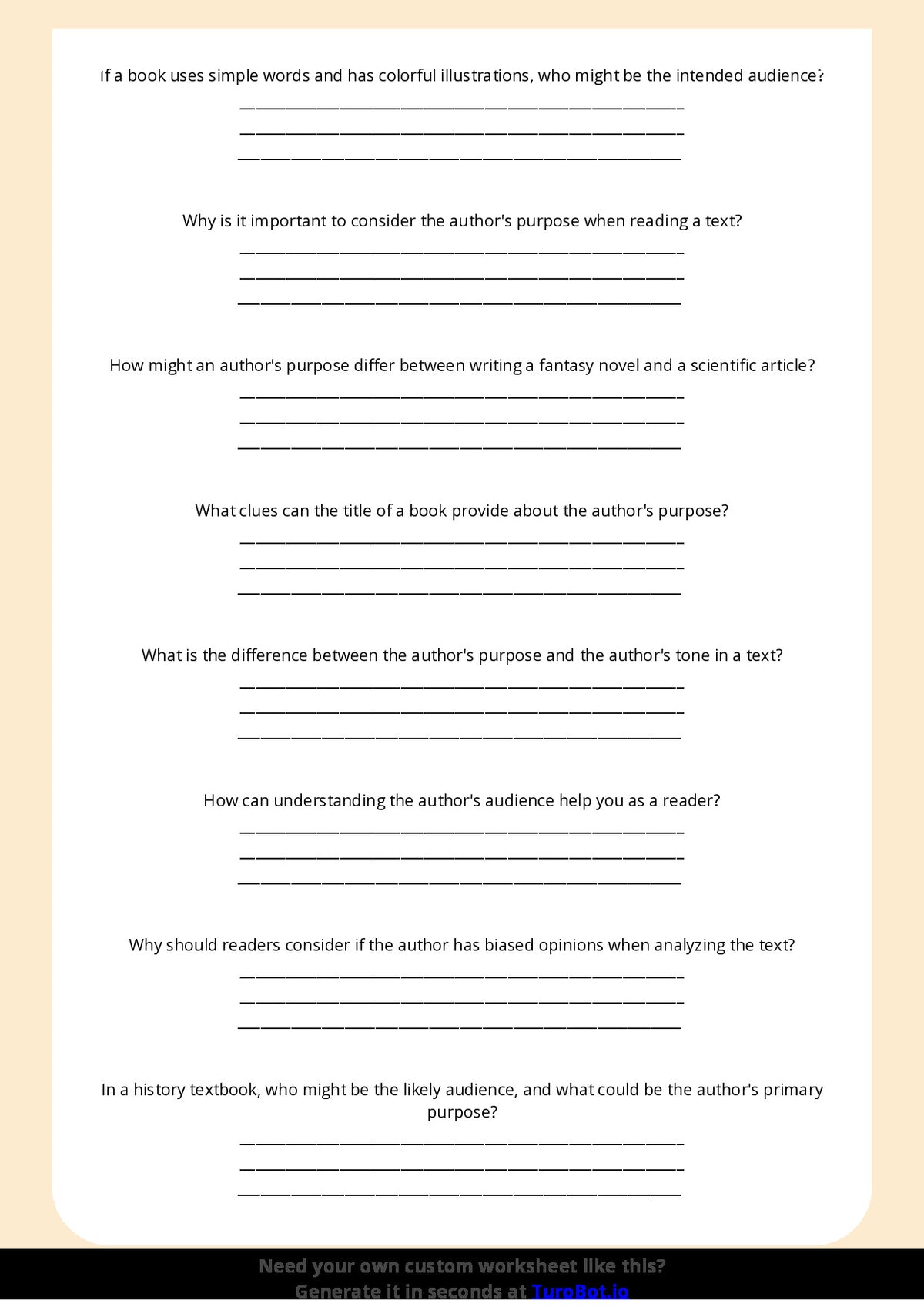 Free Worksheet - Year 6 English Analysing Author’s Purpose and Audience Short Answer Response