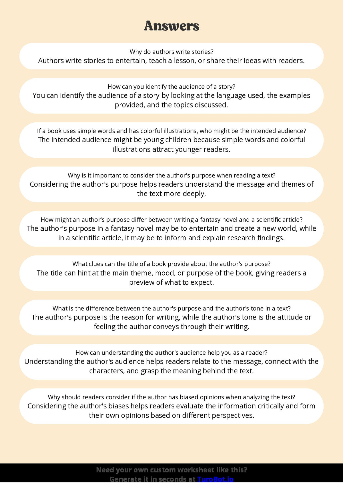 Free Worksheet - Year 6 English Analysing Author’s Purpose and Audience Short Answer Response