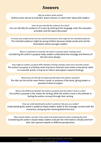 Free Worksheet - Year 6 English Analysing Author’s Purpose and Audience Short Answer Response