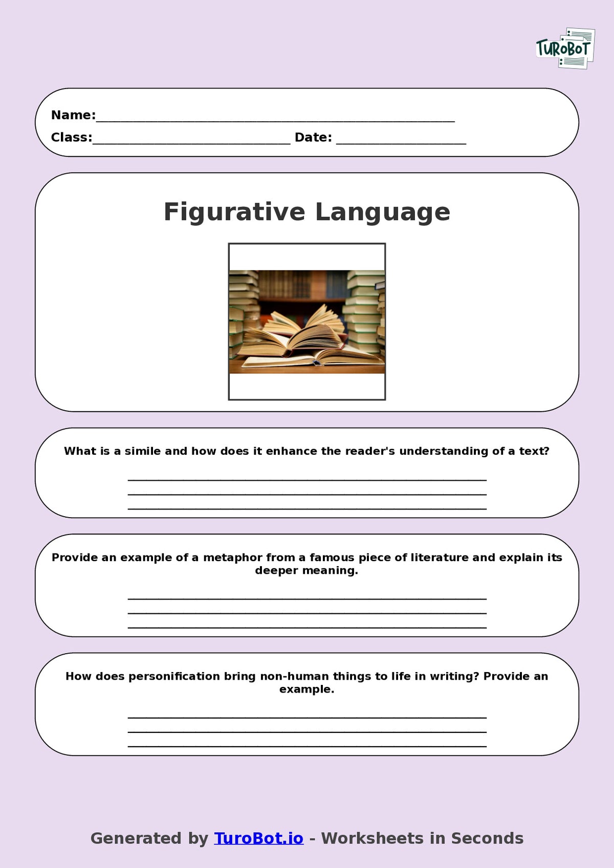 English - Year 7 Worksheet: Figurative Language Practice