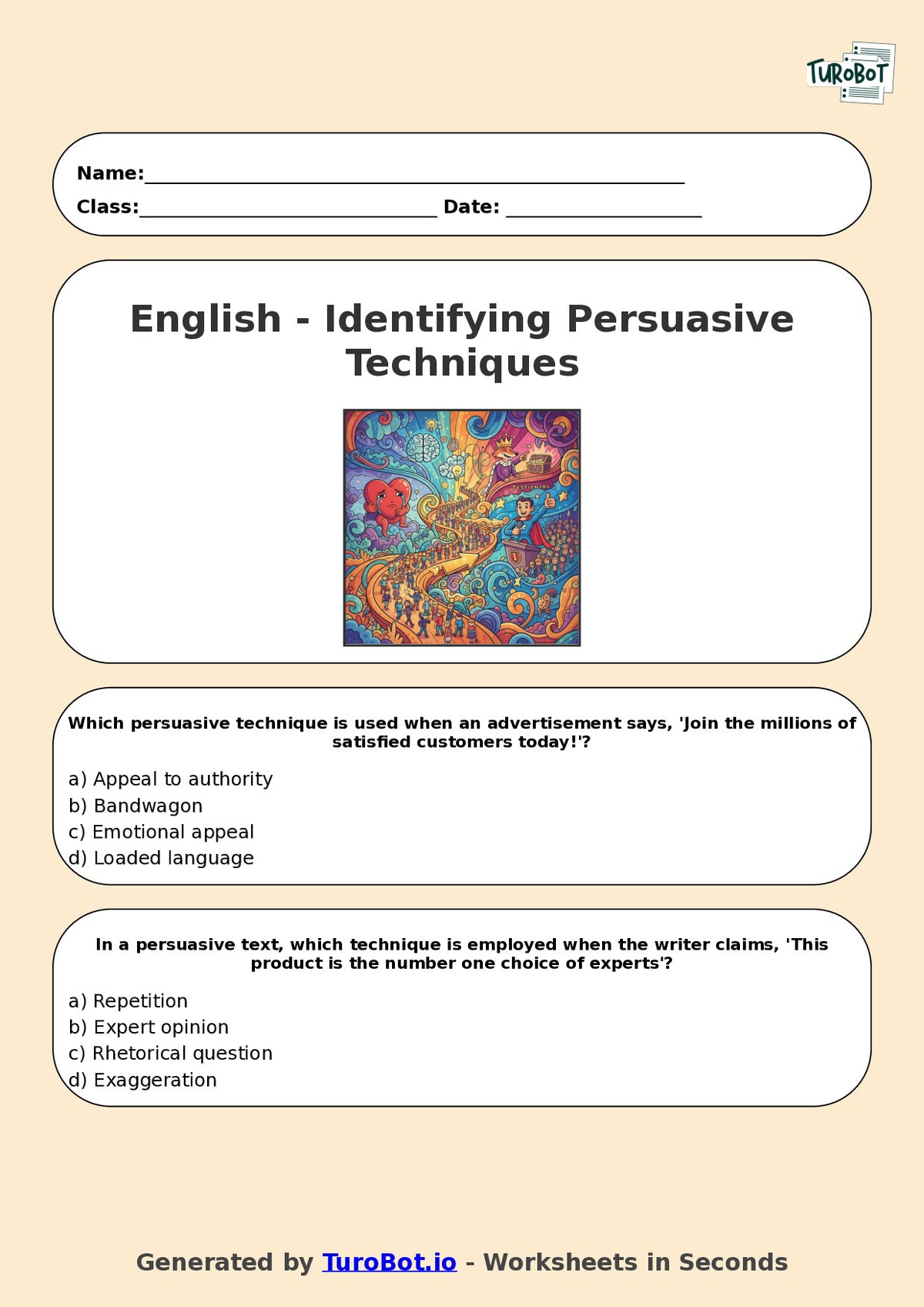 Year 7 English Multiple Choice Worksheet – Identifying Persuasive Techniques