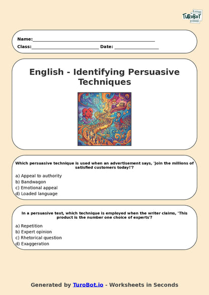 Year 7 English Multiple Choice Worksheet – Identifying Persuasive Techniques