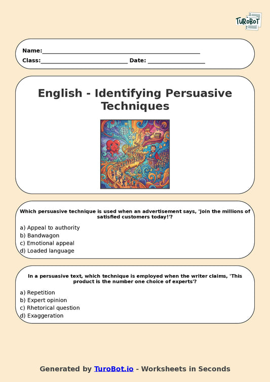 Year 7 English Multiple Choice Worksheet – Identifying Persuasive Techniques