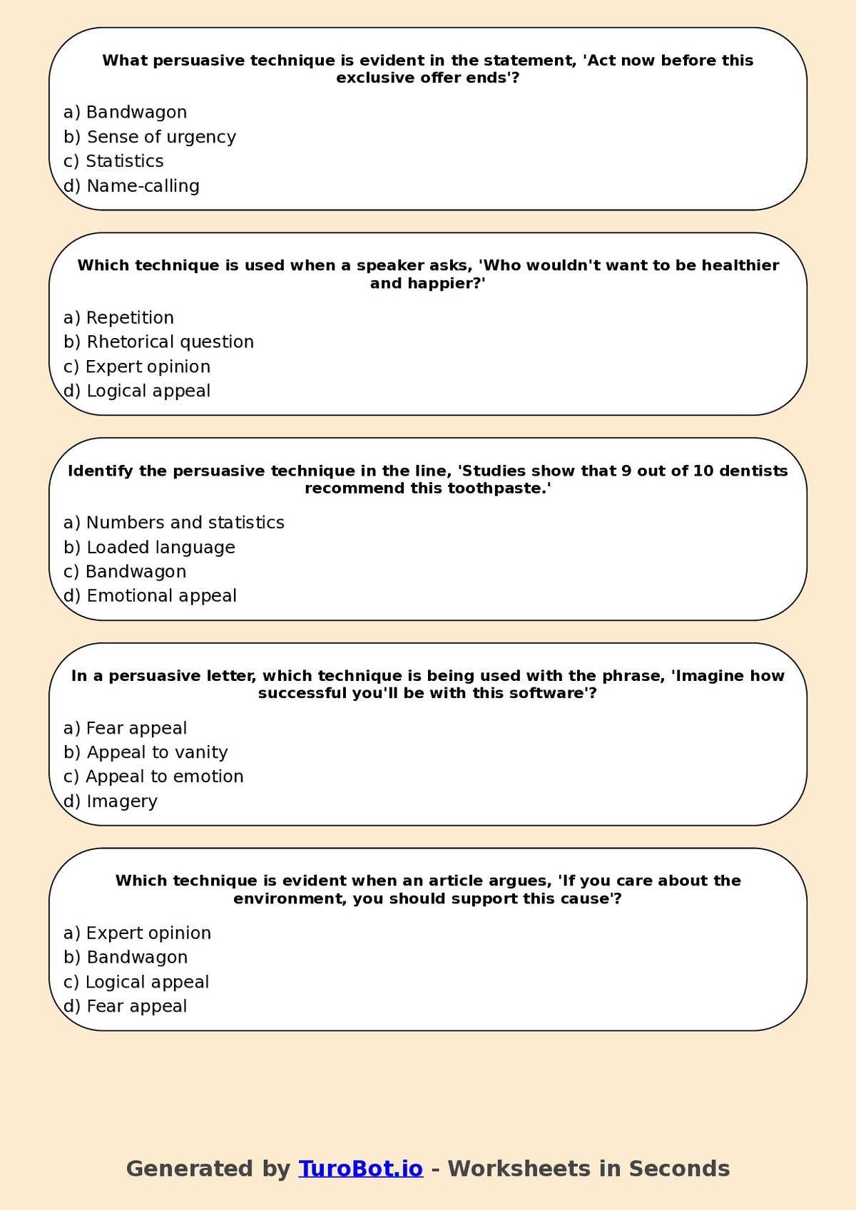 Year 7 English Multiple Choice Worksheet – Identifying Persuasive Techniques