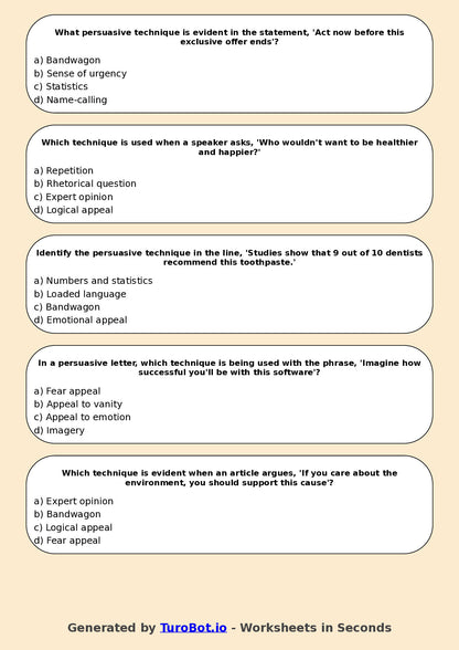 Year 7 English Multiple Choice Worksheet – Identifying Persuasive Techniques