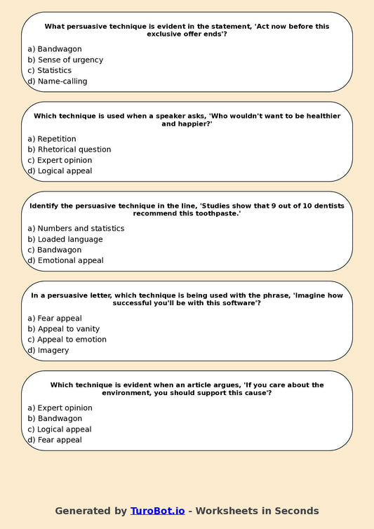 Year 7 English Multiple Choice Worksheet – Identifying Persuasive Techniques