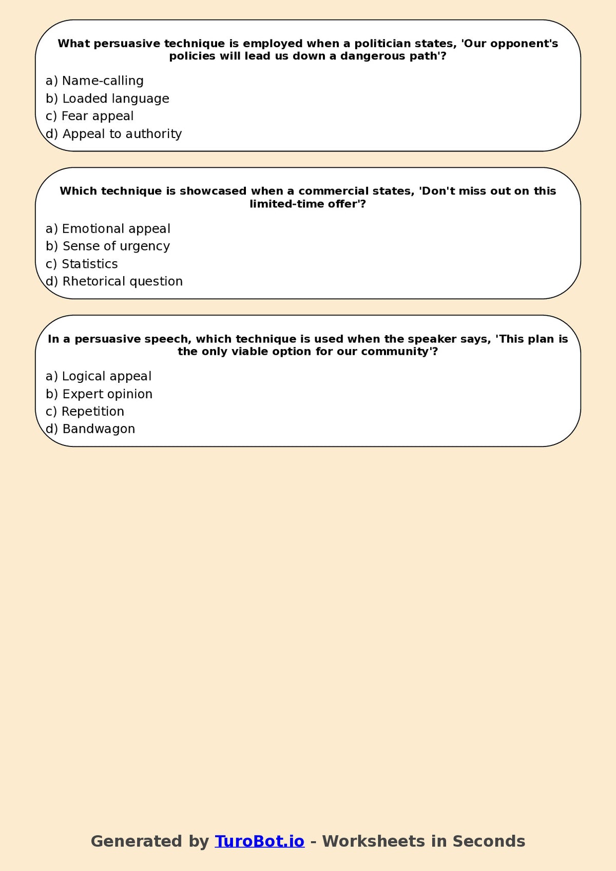 Year 7 English Multiple Choice Worksheet – Identifying Persuasive Techniques