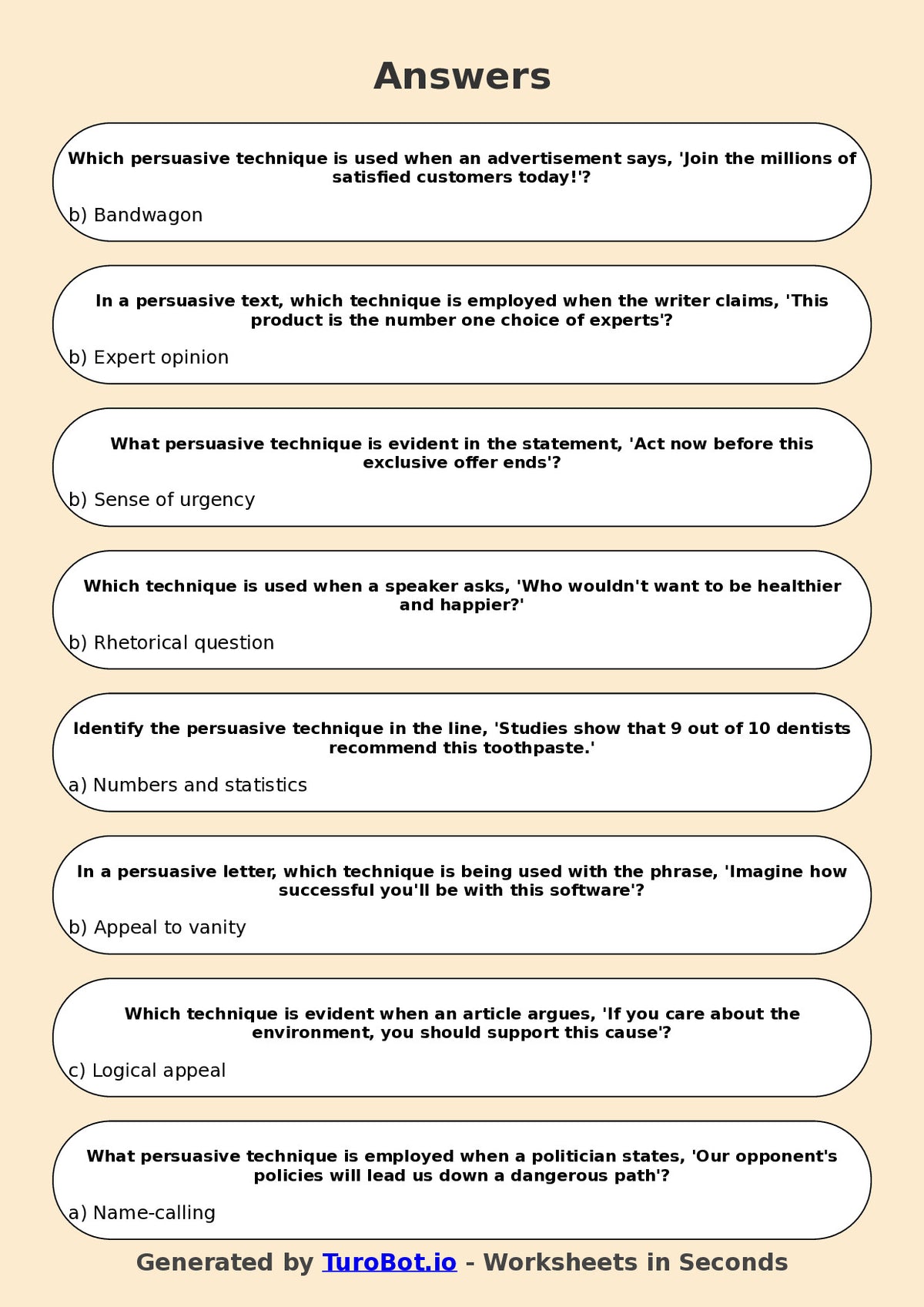 Year 7 English Multiple Choice Worksheet – Identifying Persuasive Techniques