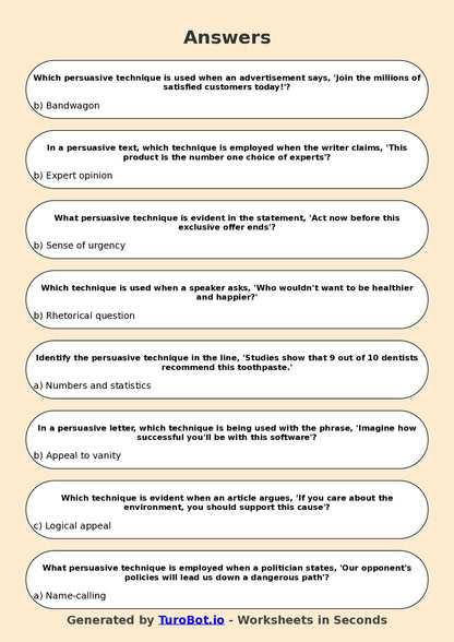 Year 7 English Multiple Choice Worksheet – Identifying Persuasive Techniques