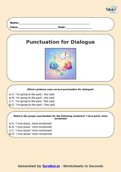 Year 7 English Multiple Choice Worksheet – Punctuation for Dialogue