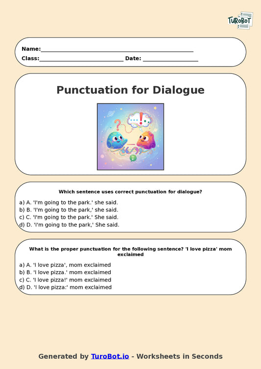 Year 7 English Multiple Choice Worksheet – Punctuation for Dialogue