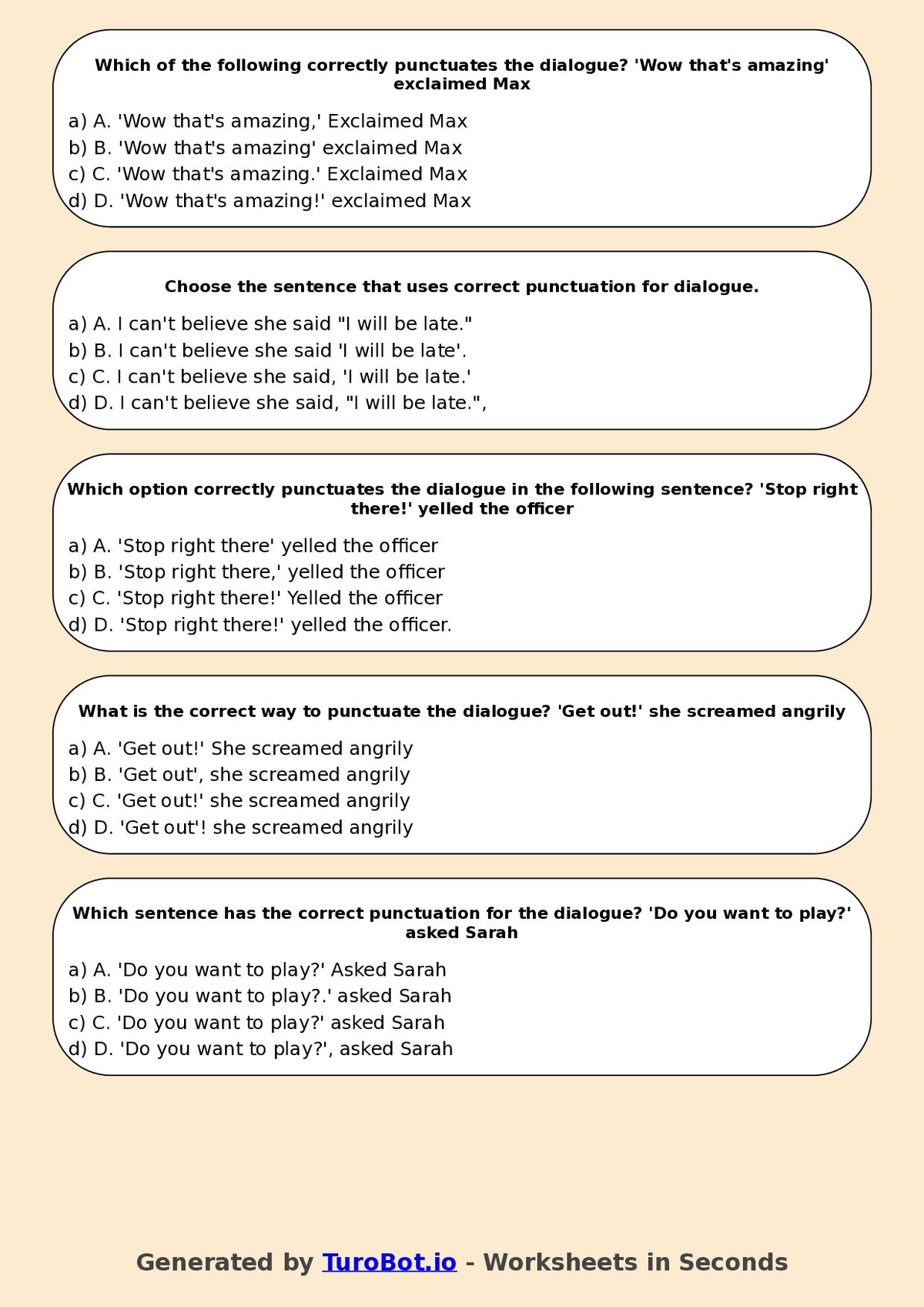 Year 7 English Multiple Choice Worksheet – Punctuation for Dialogue